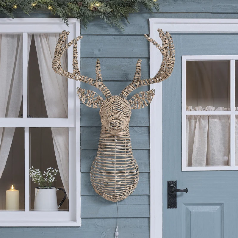 87 cm Leyburn LED-Hirschkopf aus Rattan mit 230 Bicolor LEDs für den Außenbereich