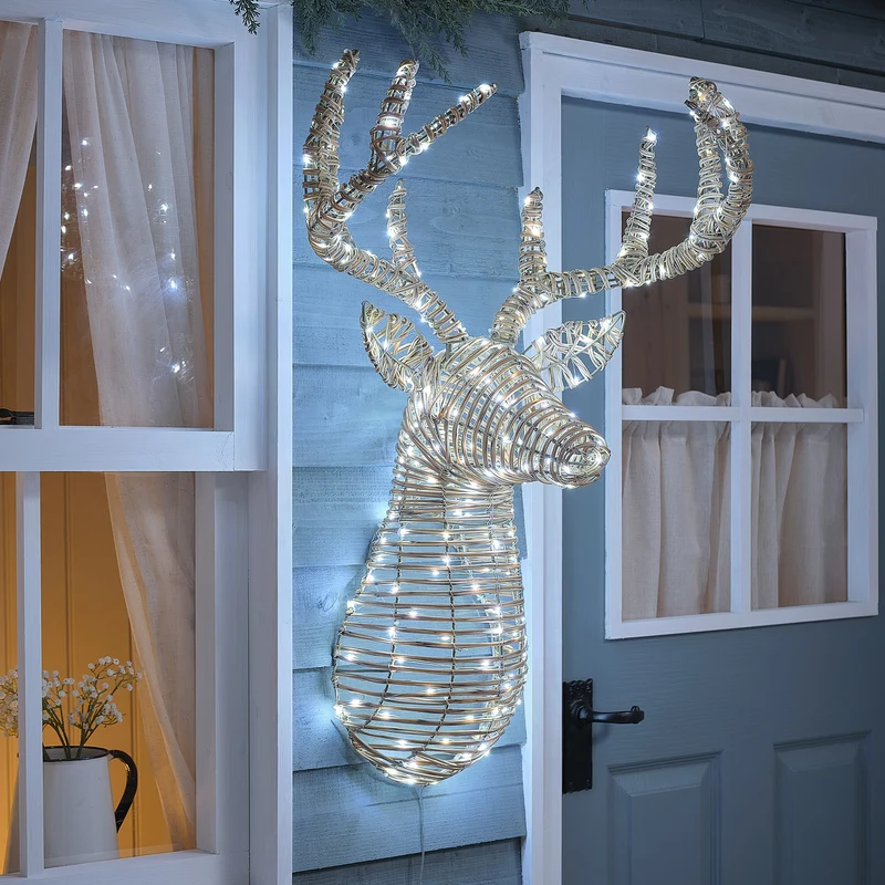 87 cm Leyburn LED-Hirschkopf aus Rattan mit 230 Bicolor LEDs für den Außenbereich