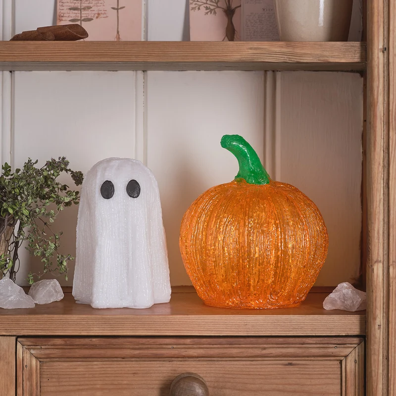 Leucht-Set aus Acryl – Geist & Mini-Kürbis für Halloween