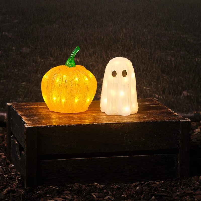 Leucht-Set aus Acryl – Geist & Mini-Kürbis für Halloween