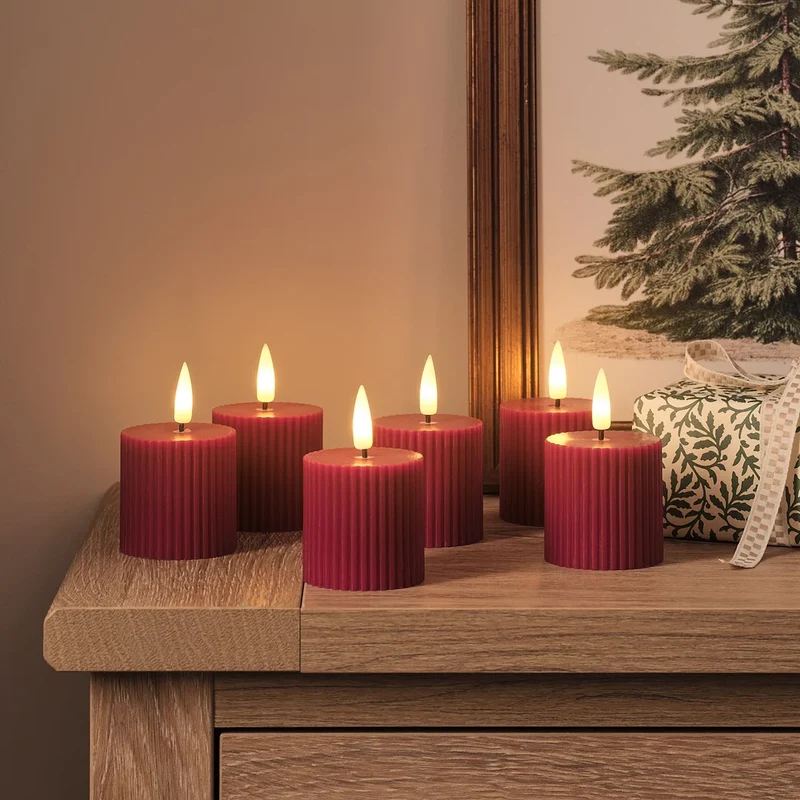 6er Set geriffelter TruGlow® LED-Votivkerzen in Weinrot mit Fernbedienung