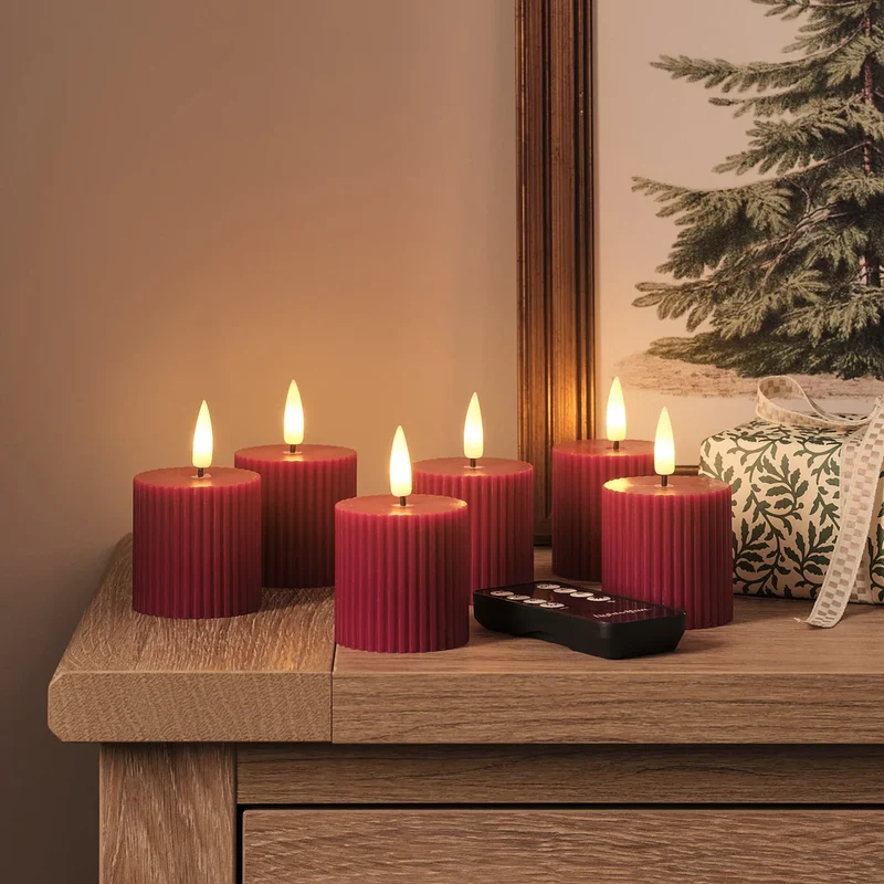 6er Set geriffelter TruGlow® LED-Votivkerzen in Weinrot mit Fernbedienung