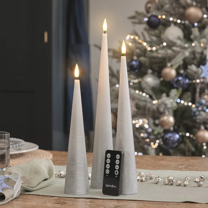3er Set TruGlow® LED-Kegelkerzen in Silber Ombré mit Fernbedienung