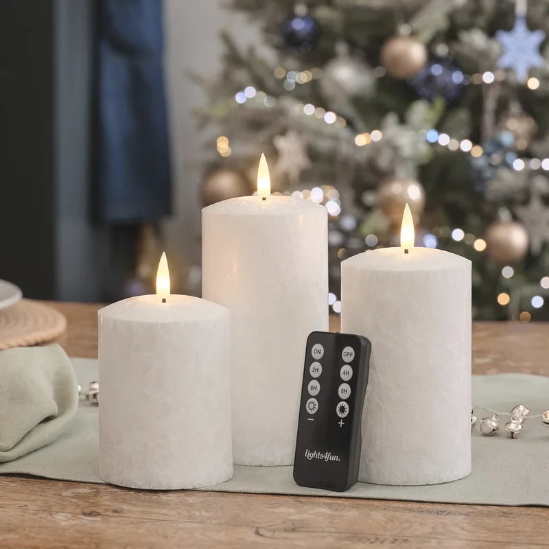 3er Set TruGlow® LED-Stumpenkerzen mit Frost-Effekt und Fernbedienung