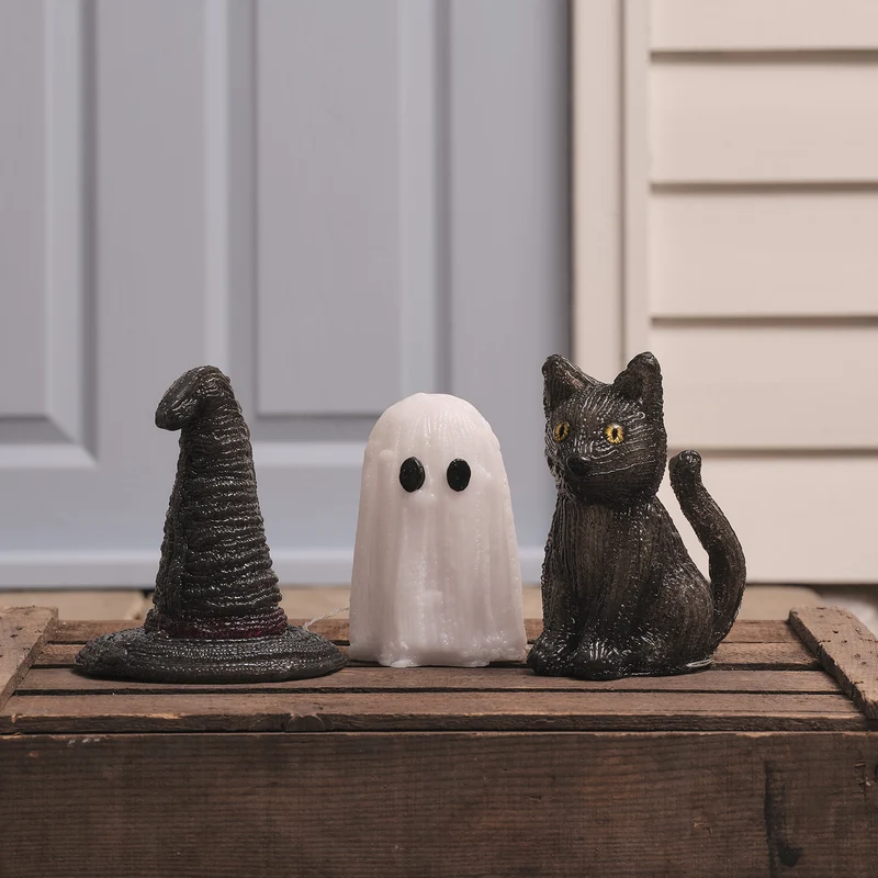 3er Set LED-Halloween-Figuren aus Acryl mit Timer – Geist, Hexenhut & Katze Jet