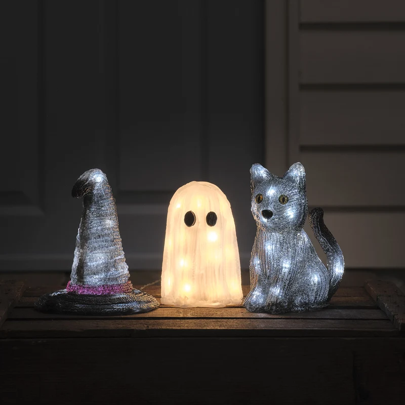 3er Set LED-Halloween-Figuren aus Acryl mit Timer – Geist, Hexenhut & Katze Jet