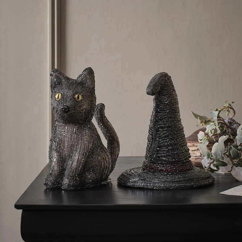 2er Set LED-Halloween-Figuren mit Timer – Hexenhut & Katze „Jet“