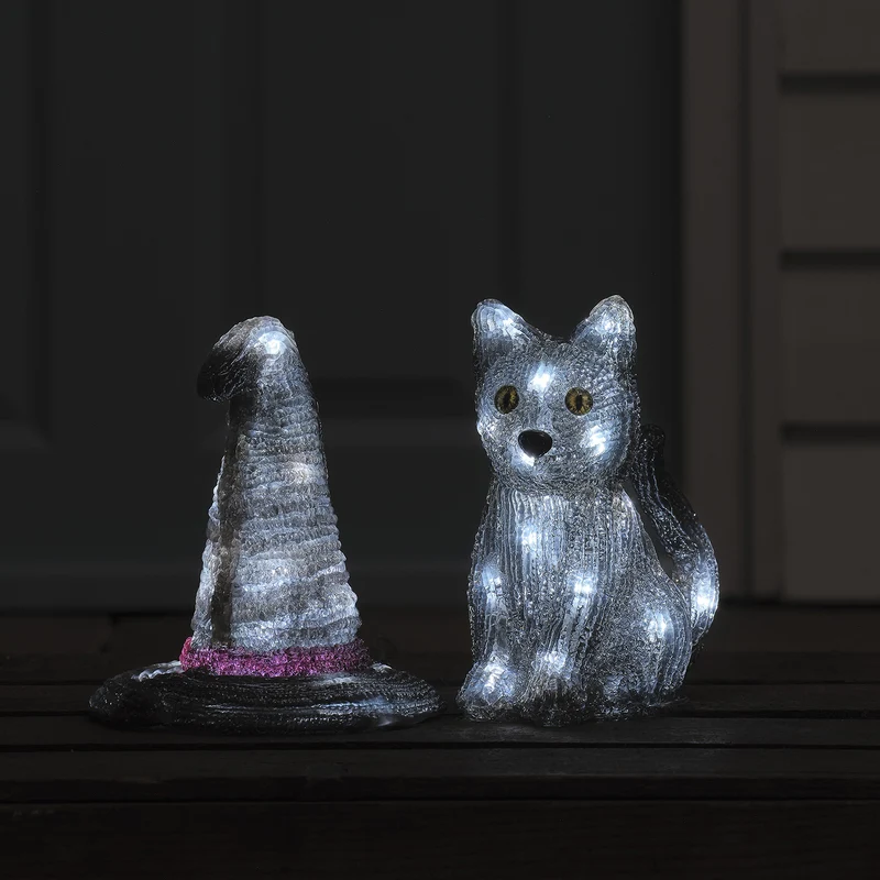 2er Set LED-Halloween-Figuren mit Timer – Hexenhut & Katze „Jet“