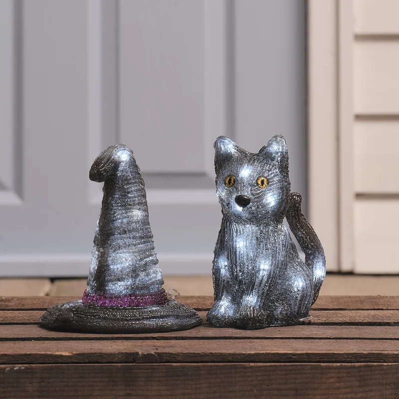 2er Set LED-Halloween-Figuren mit Timer – Hexenhut & Katze „Jet“
