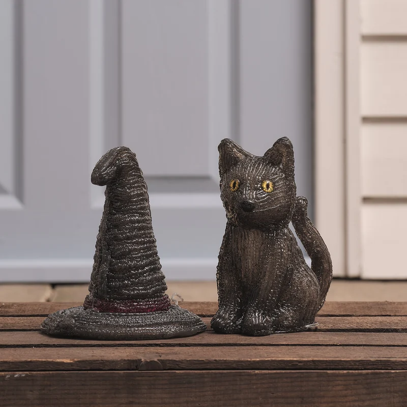 2er Set LED-Halloween-Figuren mit Timer – Hexenhut & Katze „Jet“
