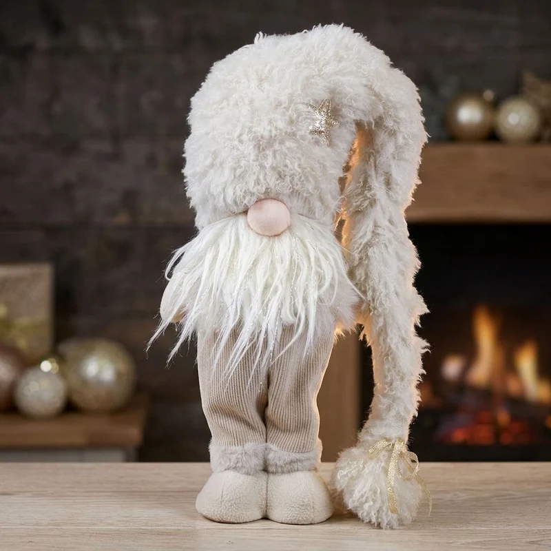 Weihnachtswichtel stehend 47 cm – Flauschiger Wintergnom in beige mit Glitzerbart und langer Zipfelmütze
