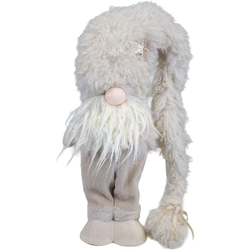 Weihnachtswichtel stehend 47 cm – Flauschiger Wintergnom in beige mit Glitzerbart und langer Zipfelmütze