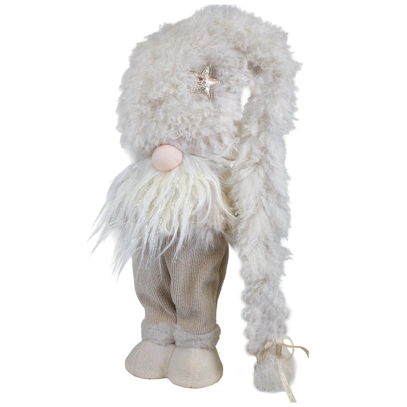 Weihnachtswichtel stehend 47 cm – Flauschiger Wintergnom in beige mit Glitzerbart und langer Zipfelmütze
