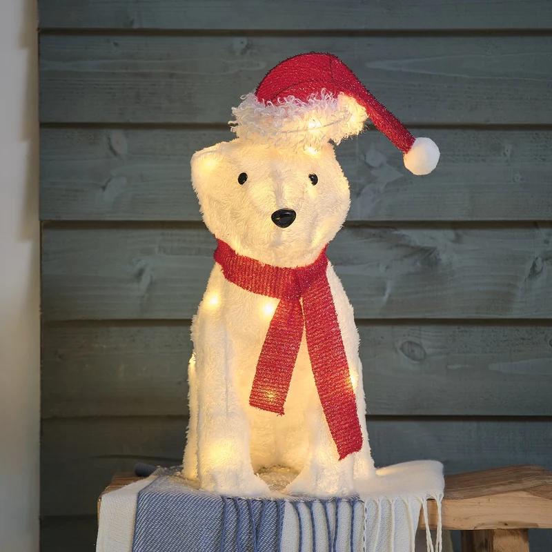 43 cm LED-Eisbär-Figur aus Stoff mit Mütze und Schal