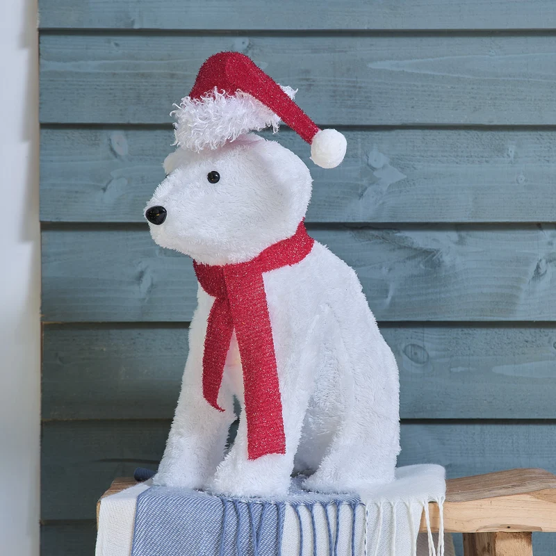 43 cm LED-Eisbär-Figur aus Stoff mit Mütze und Schal