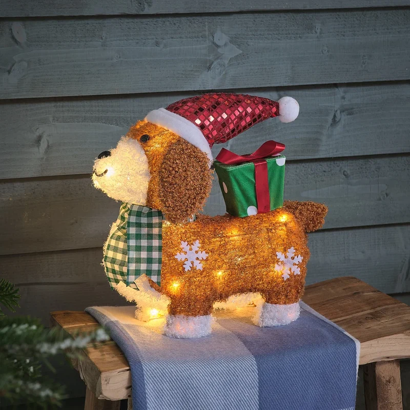 35cm LED Weihnachtsfigur außen Hündin Sparkle mit Geschenk