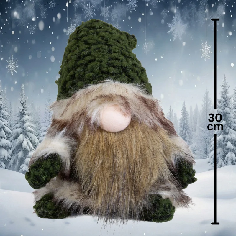 Gnom sitzend 30 cm – Rustikaler Weihnachtswichtel mit flauschigem Bart und grüner Plüschmütze