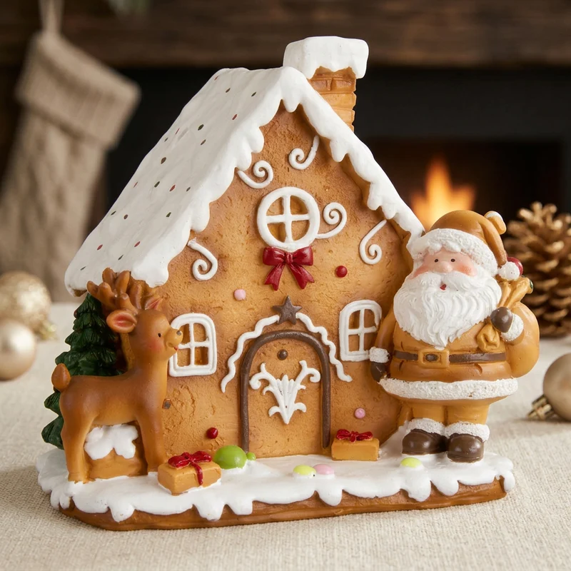 Lebkuchenhaus 13 cm – Handgefertigtes Dekohaus mit Weihnachtsmann und Rentier | Weihnachtsdekoration