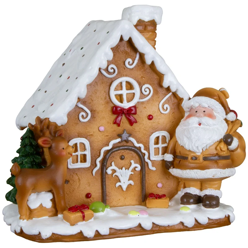 Lebkuchenhaus 13 cm – Handgefertigtes Dekohaus mit Weihnachtsmann und Rentier | Weihnachtsdekoration
