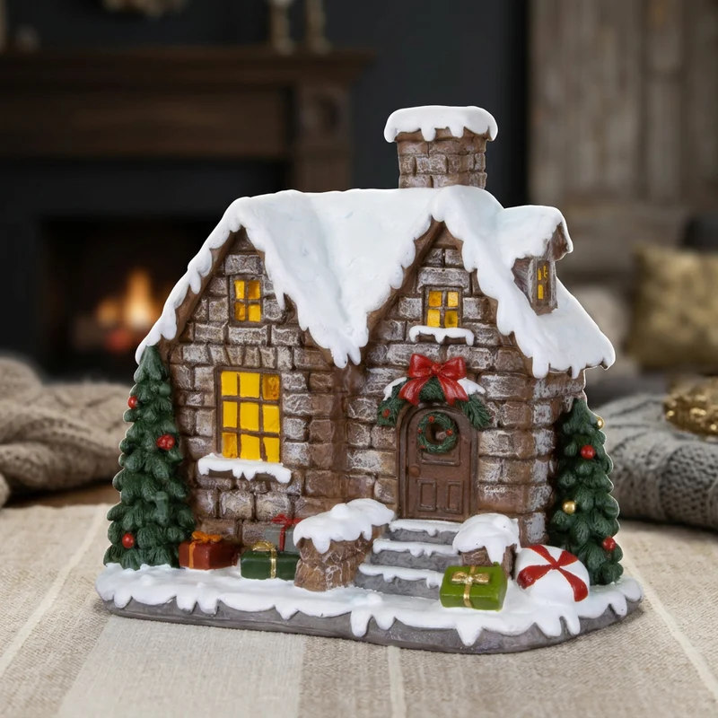 Lebkuchenhaus 15 cm – Handgefertigtes Dekohaus mit Tannenbäumen und Geschenken | Weihnachtsdekoration