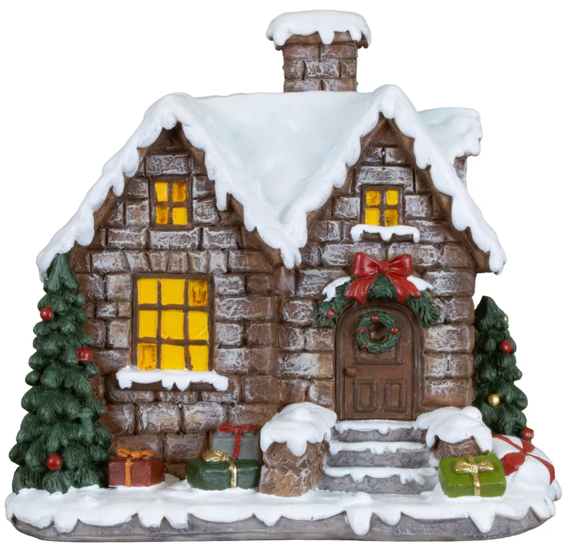 Lebkuchenhaus 15 cm – Handgefertigtes Dekohaus mit Tannenbäumen und Geschenken | Weihnachtsdekoration