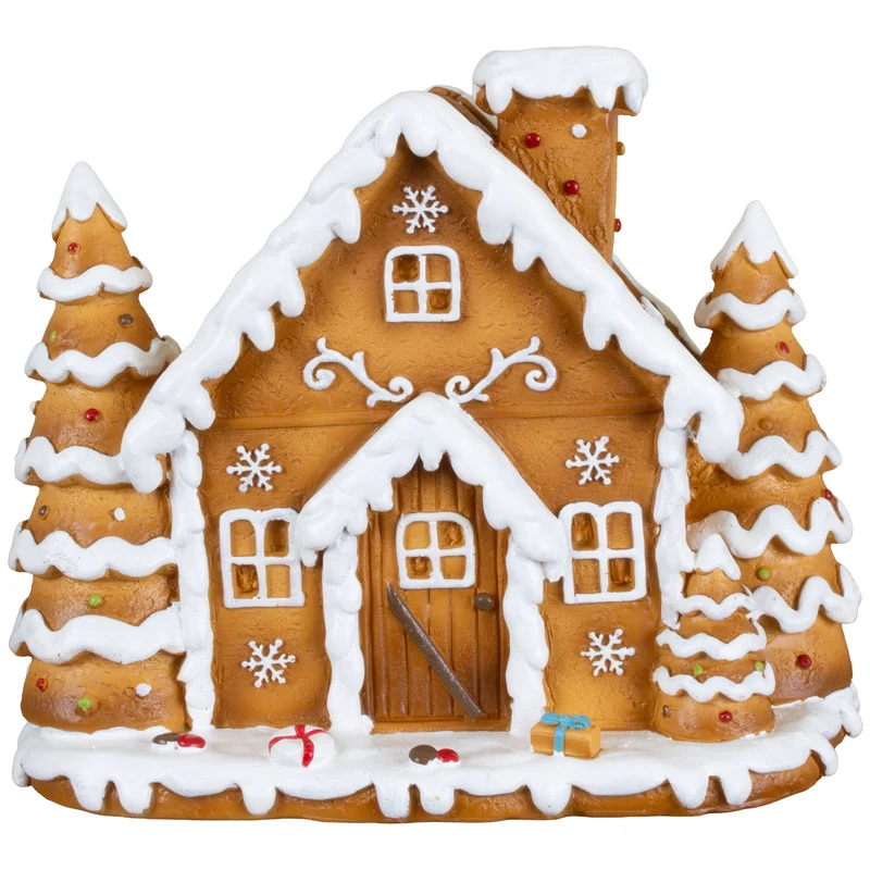 Lebkuchenhaus 14 cm – Handgefertigtes Dekohaus mit verschneiten Tannenbäumen | Weihnachtsdekoration