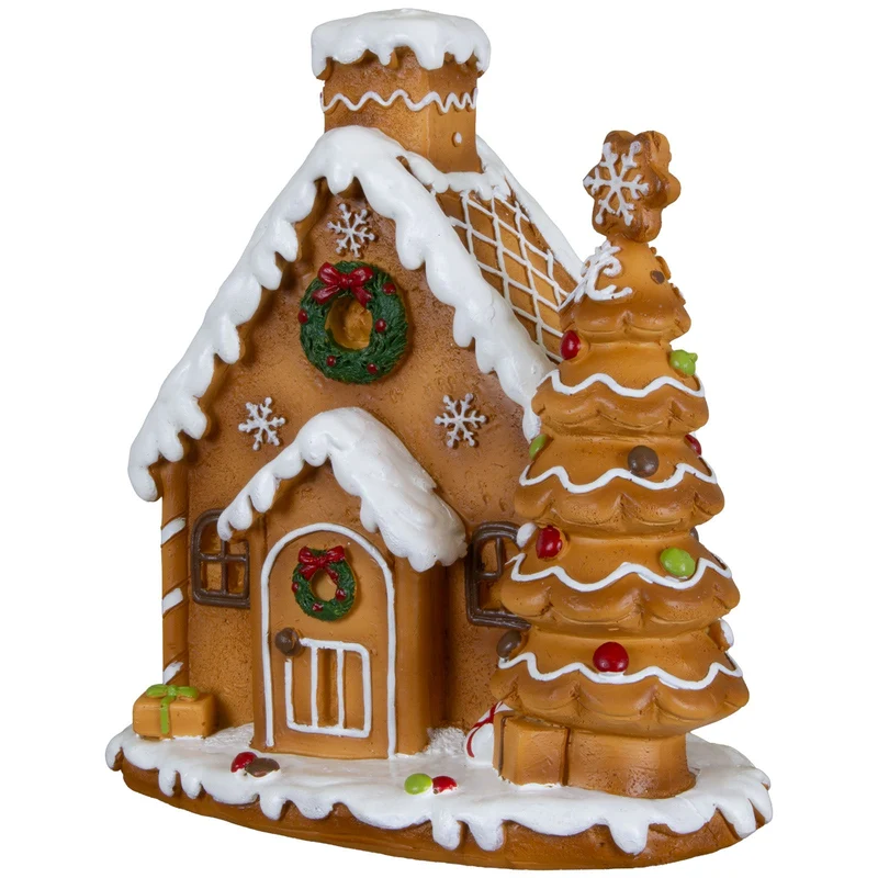 Lebkuchenhaus 14 cm – Handgefertigtes Dekohaus mit Tannenbaum und Weihnachtskranz | Weihnachtsdekoration