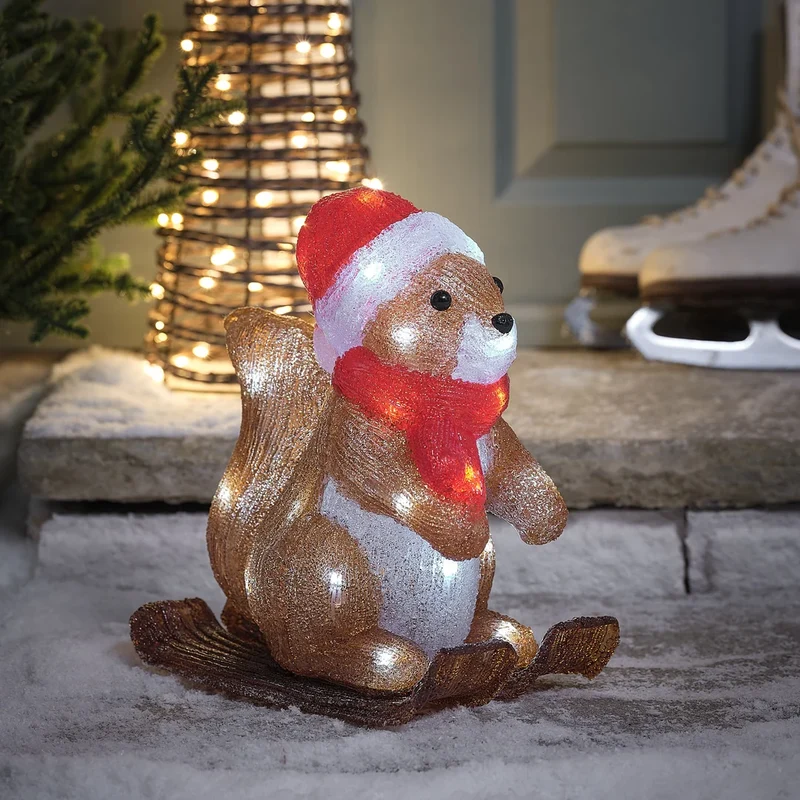 29cm LED Acryl Weihnachtsfigur Skifahrendes Eichhörnchen