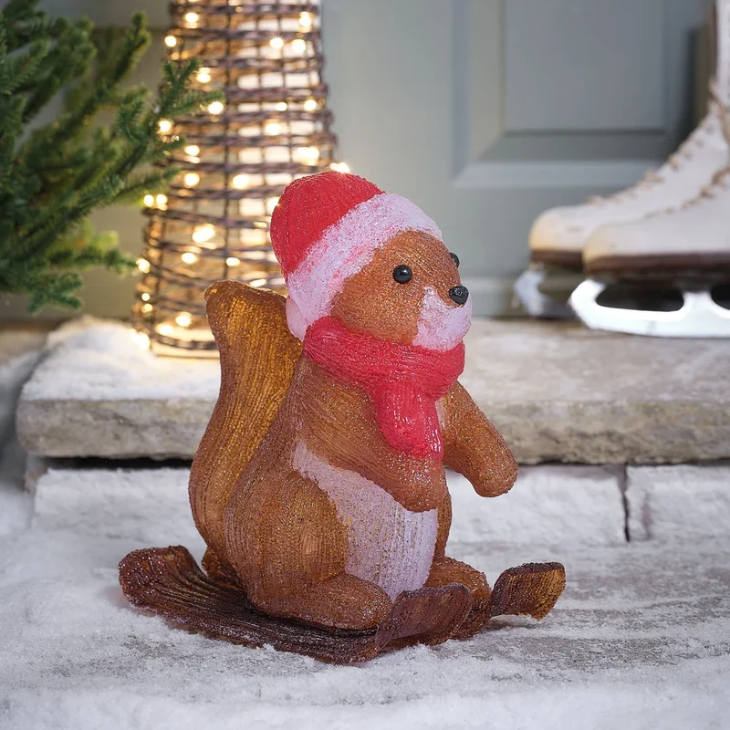 29cm LED Acryl Weihnachtsfigur Skifahrendes Eichhörnchen