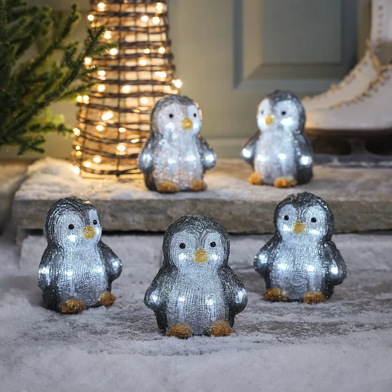 5er Set warmweiße LED-Acryl-Pinguine mit Timer