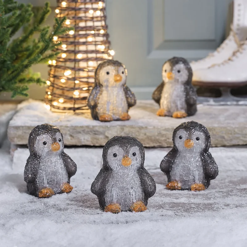 5er Set warmweiße LED-Acryl-Pinguine mit Timer