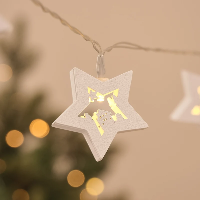 10er LED-Lichterkette mit weißen Holzsternen und Weihnachtsmotiv