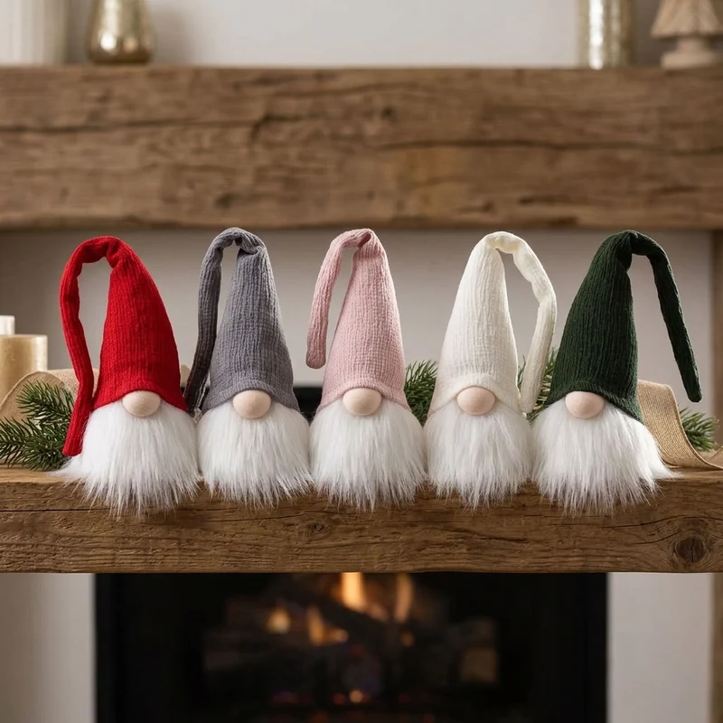 Gnom sitzend14cm(26cm) 5er Set – Weihnachtswichtel mit langer Zipfelmütze & flauschigem Bart, 5 Designs