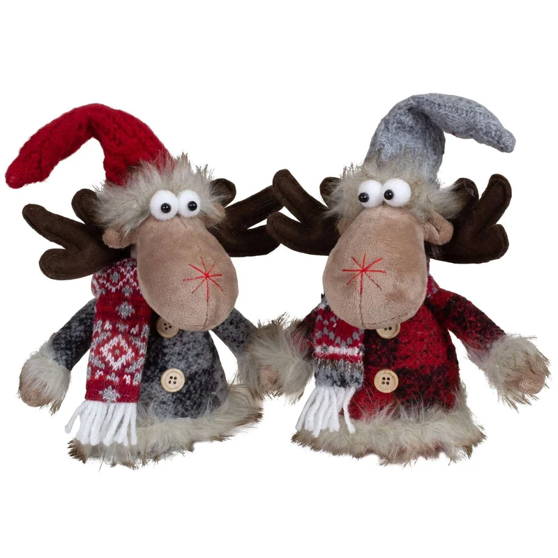 Sitzender Elch 23cm, 2 Stück – Weihnachtlicher Deko-Elch mit Zipfelmütze und Schal | Weihnachtsdekoration2 Stück