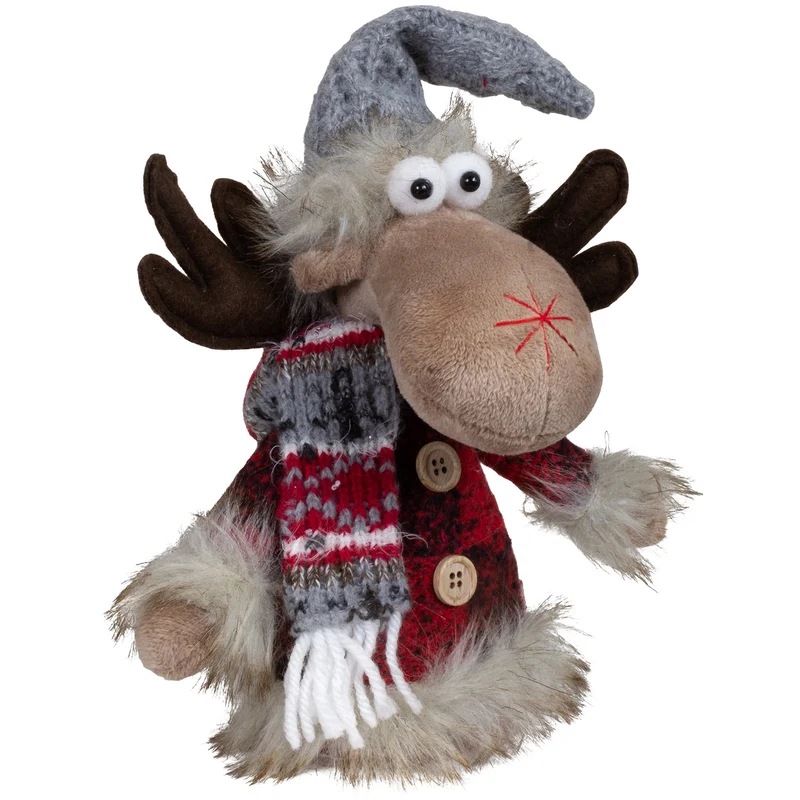 Sitzender Elch 23cm, 2 Stück – Weihnachtlicher Deko-Elch mit Zipfelmütze und Schal | Weihnachtsdekoration2 Stück