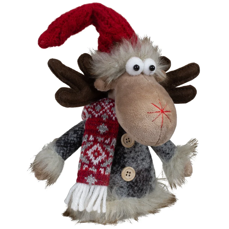 Sitzender Elch 23cm, 2 Stück – Weihnachtlicher Deko-Elch mit Zipfelmütze und Schal | Weihnachtsdekoration2 Stück