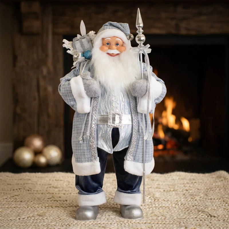 Weihnachtsmann 80 cm in Silber-Blau mit Zepter und Geschenksack
