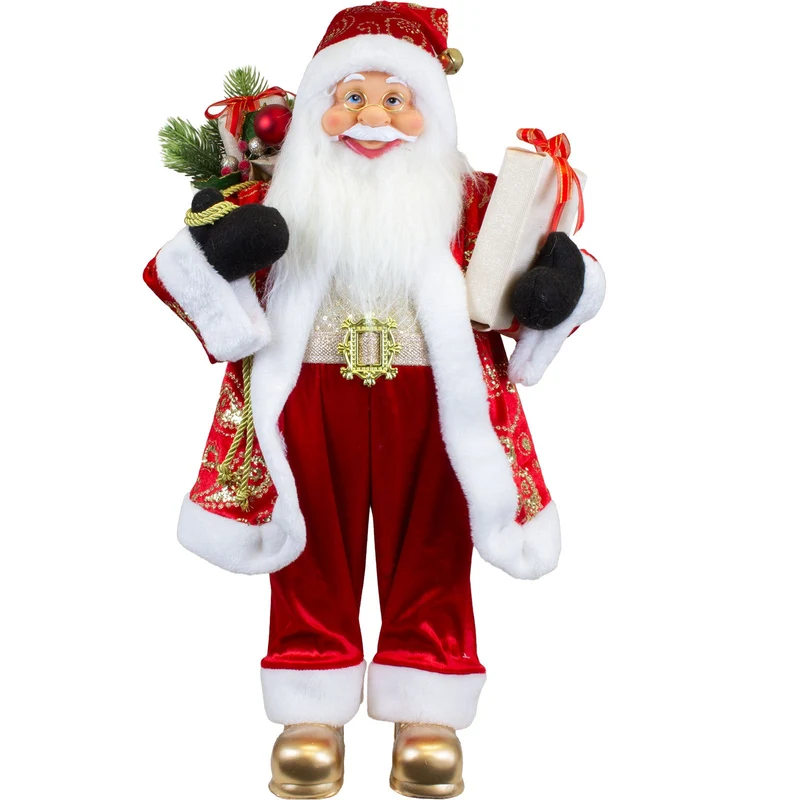 Weihnachtsmann Figur 60 cm – Santa mit Geschenk und Geschenkesack