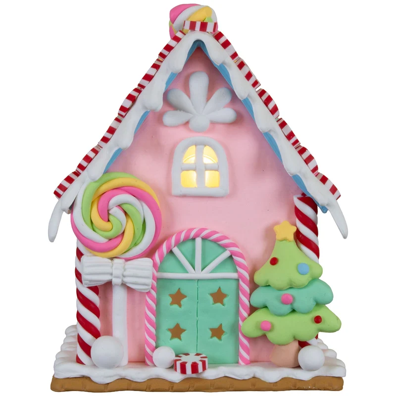 Buntes LED-Lebkuchenhaus 13cm mit Lolli, Weihnachtsbaum & Lichtern