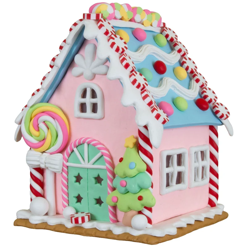 Buntes LED-Lebkuchenhaus 13cm mit Lolli, Weihnachtsbaum & Lichtern