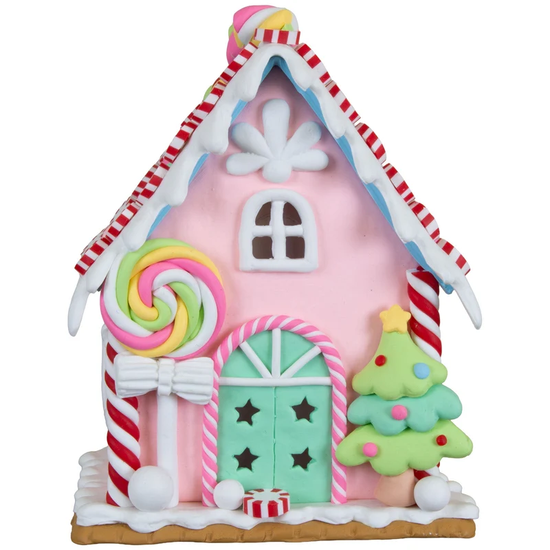 Buntes LED-Lebkuchenhaus 13cm mit Lolli, Weihnachtsbaum & Lichtern