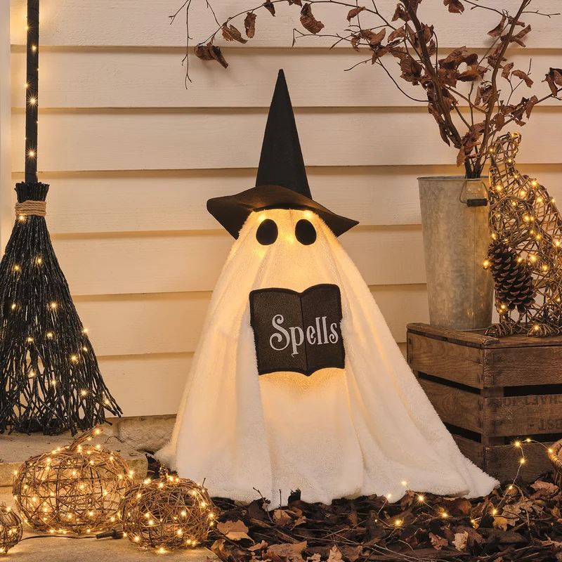 2er Set LED-Halloween-Deko für außen mit Wanda Hexengeist & Hexenbesen