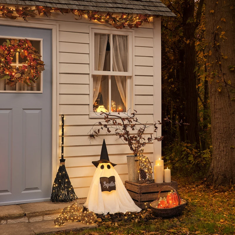 2er Set LED-Halloween-Deko für außen mit Wanda Hexengeist & Hexenbesen