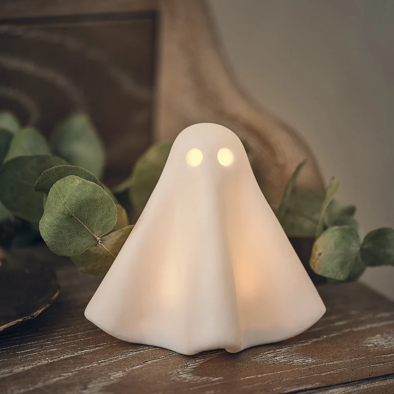 2er Set Gerald LED-Halloween-Geister aus Porzellan in Weiß