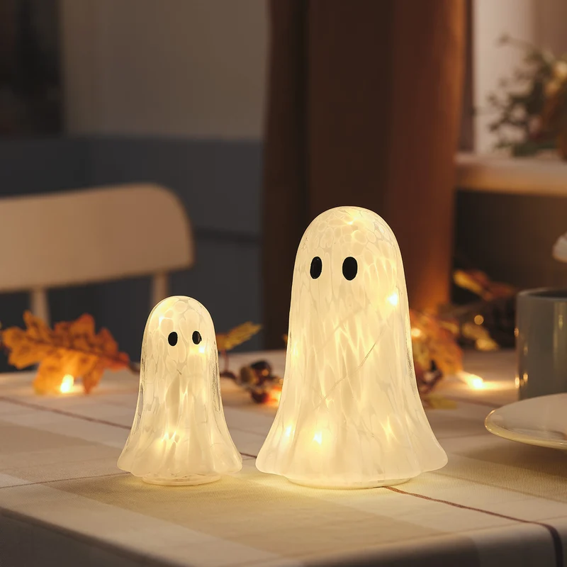 2er Set Gertie LED-Halloween-Geister aus Konfettiglas mit Timer