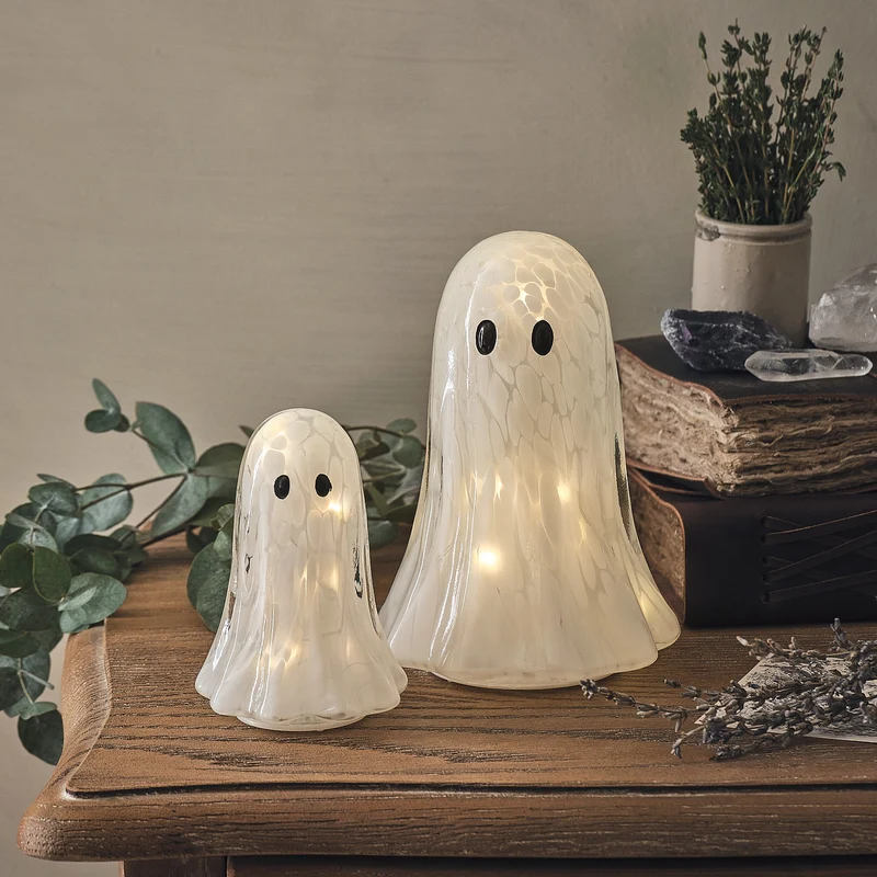 2er Set Gertie LED-Halloween-Geister aus Konfettiglas mit Timer