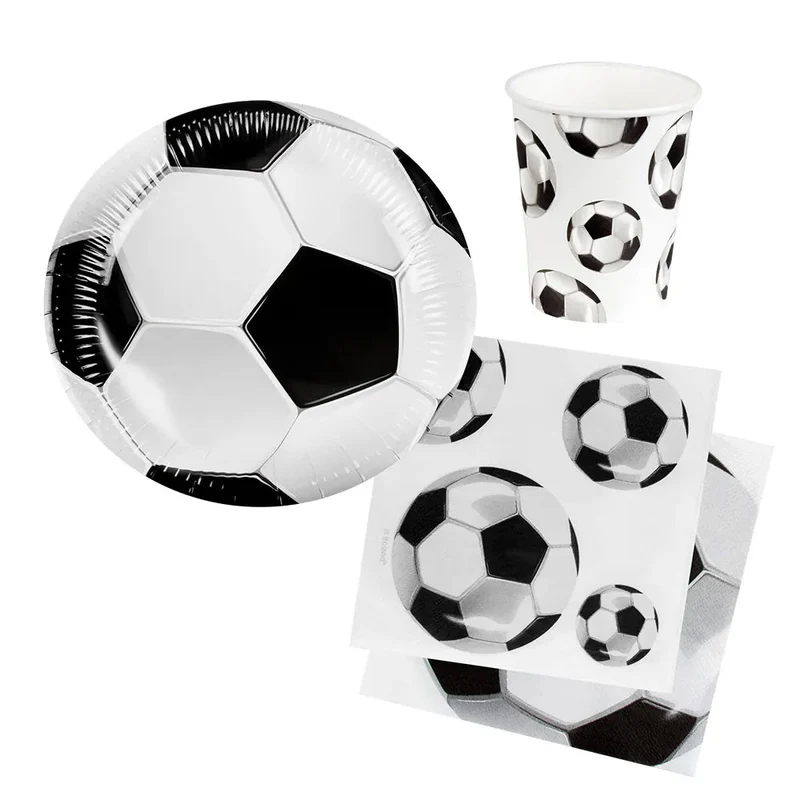 Fußball-Accessoire-Set: Schwarz-weiße Teller, Becher und Servietten