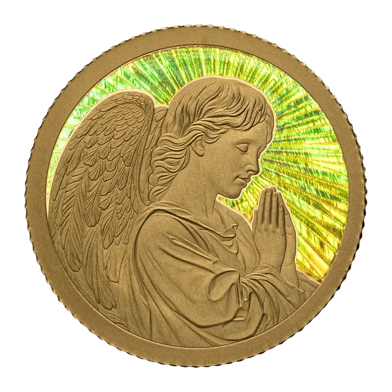 Goldmünze Engel mit Regenbogeneffekt im roten Samtsäckchen