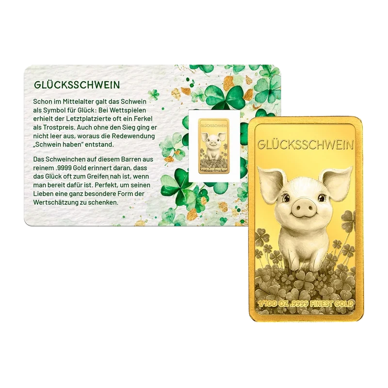 Goldbarren 'Glücksschwein' in Geschenkkarte mit Schleife