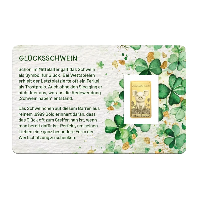 Goldbarren 'Glücksschwein' in Geschenkkarte mit Schleife